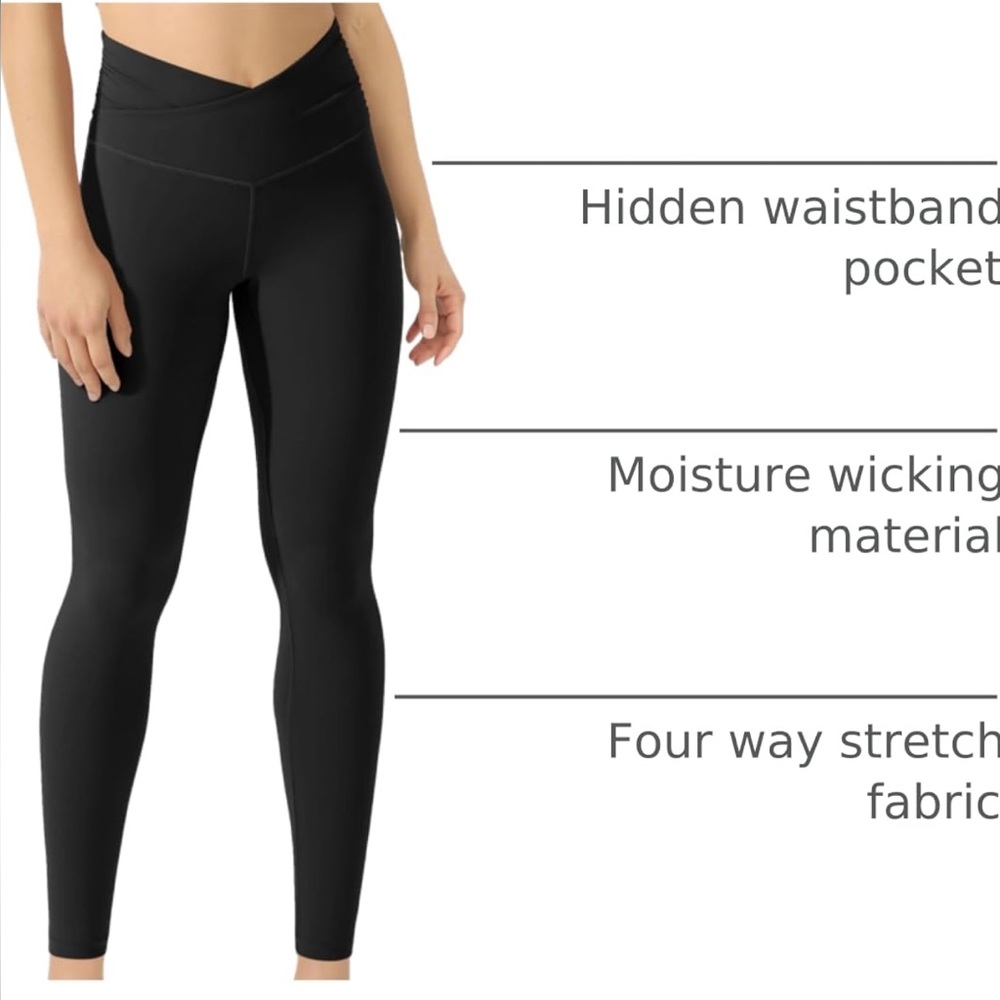 ODODOS Women's Cross Waist Yoga Leggings w/ Inner Pocket Black Medium - Picture 3 of 6